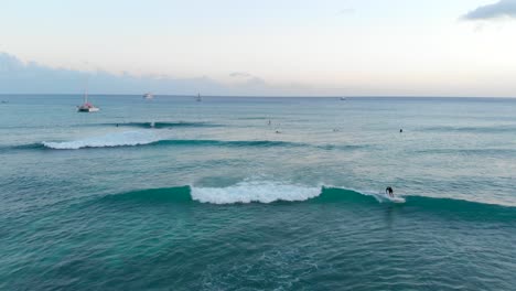 aerial tracking shot of sup surfer with paddle at golden hour on waikiki beach, hawaii