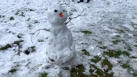 Orbiting-shot-of-Small-snowman-with-people-feet-behind,-Winter-holidays,-Handheld-shot