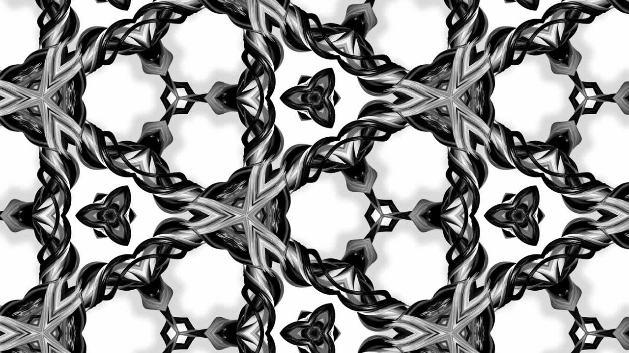 4k seamless looped animation of black and white pattern with ribbons are twisted and formed complex structures like symmetric ornament pattern or kaleidoscopic effect