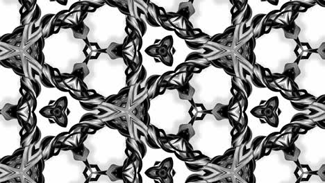 animación en bucle sin costuras de 4k de patrón en blanco y negro con cintas son retorcidas y forman estructuras complejas como patrón de adorno simétrico o efecto caleidoscópico
