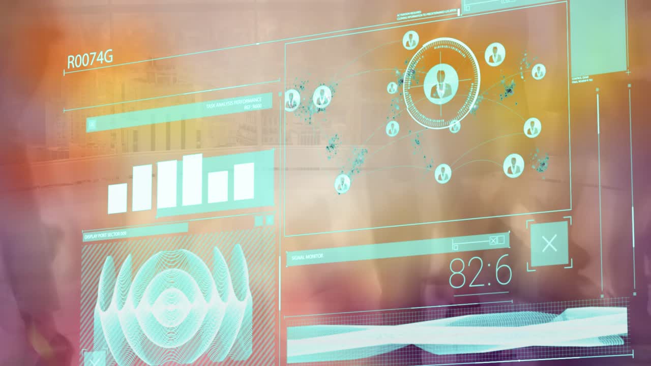 Animation of data processing over diverse people walking on street