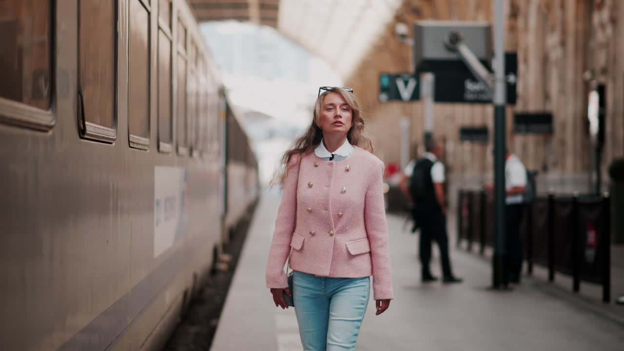Donna in blazer rosa che cammina per la stazione ferroviaria di Nizza, in Francia