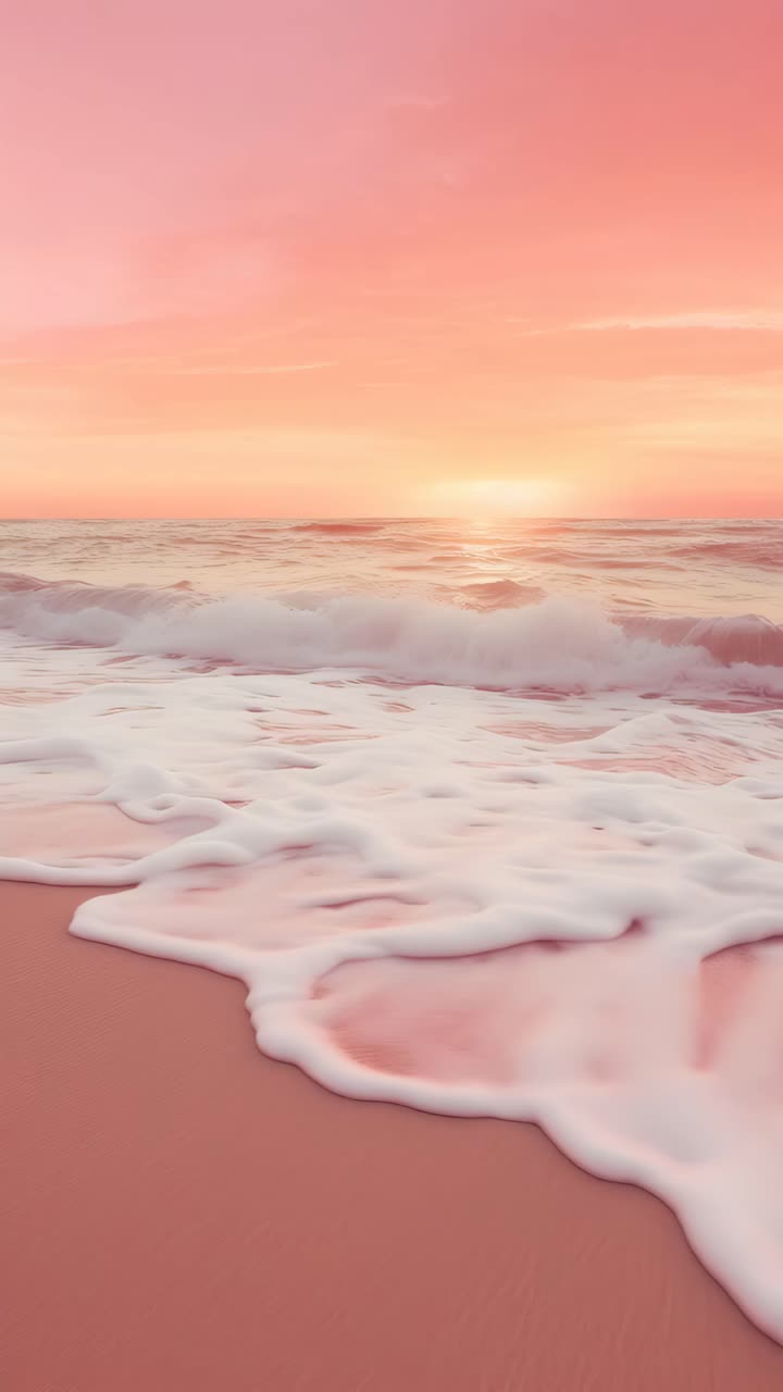 A serene sunset beach scene captured from a low angle, showcasing gentle waves and a pink sky