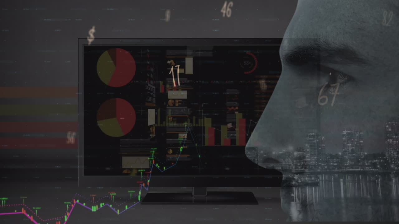 Animation of data processing over caucasian man and computer