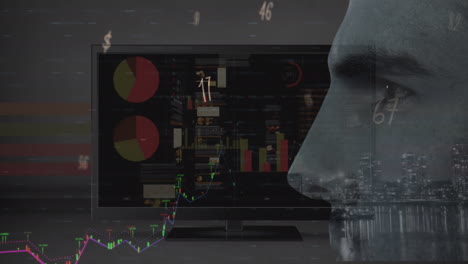 animación de procesamiento de datos sobre hombre caucásico y computadora