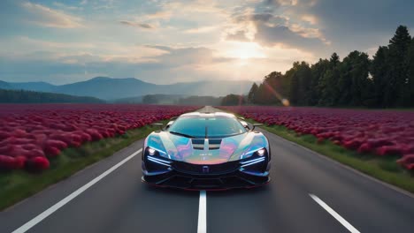 futuristic sports car on a scenic road at sunset
