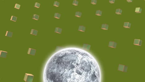 Animation of globe over rows of cubes on green background