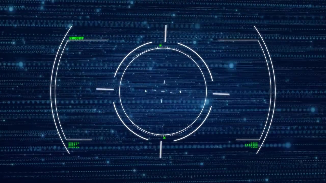 matrix code backdrop scrolling, central HUD reticle emerging, rotating, pulsing and scanning data