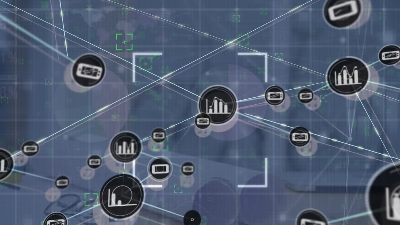 animación de iconos y puntos conectados, visores, interfaz infográfica en fondo abstracto.