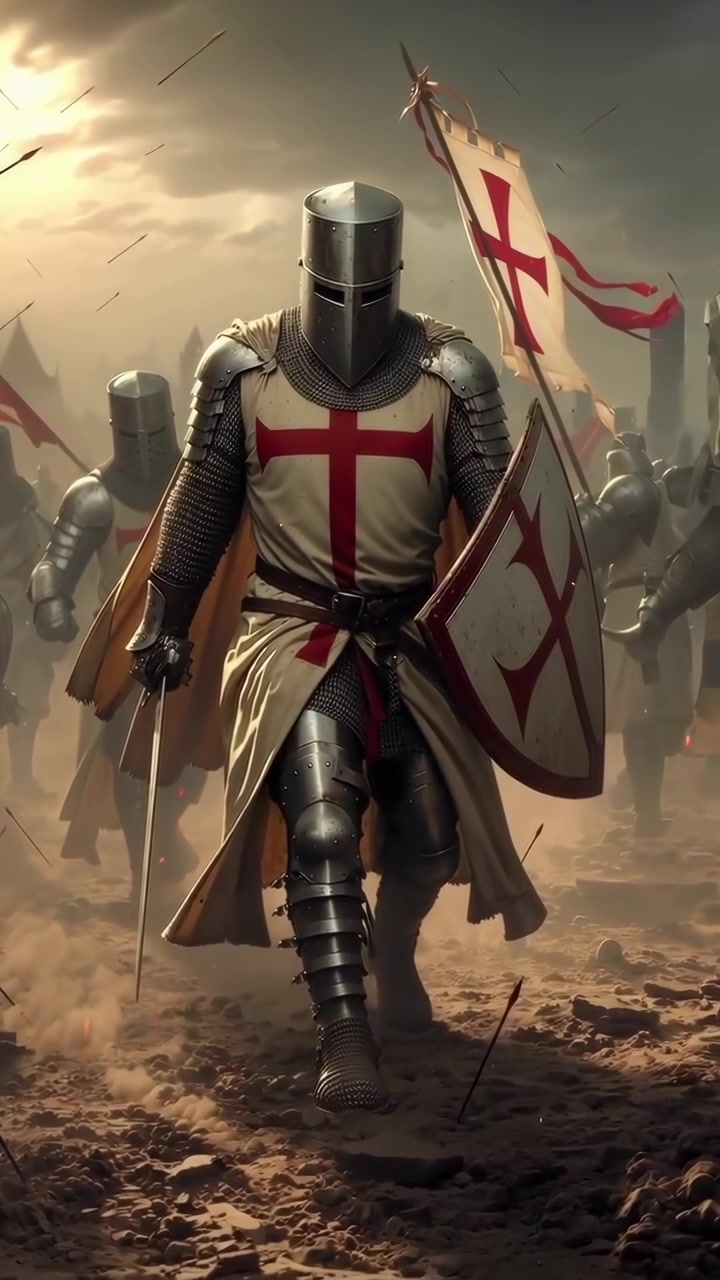 Opancerzony rycerz templariusz prowadzący swoją armię na zakurzonym polu bitwy