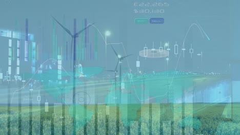 animation of graphs moving against wind turbines with cityscape