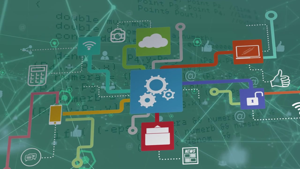 Animation of network of connections with icons and data processing over grid