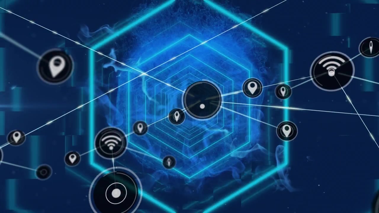 Animation of network of connections with icons over neon hexagons