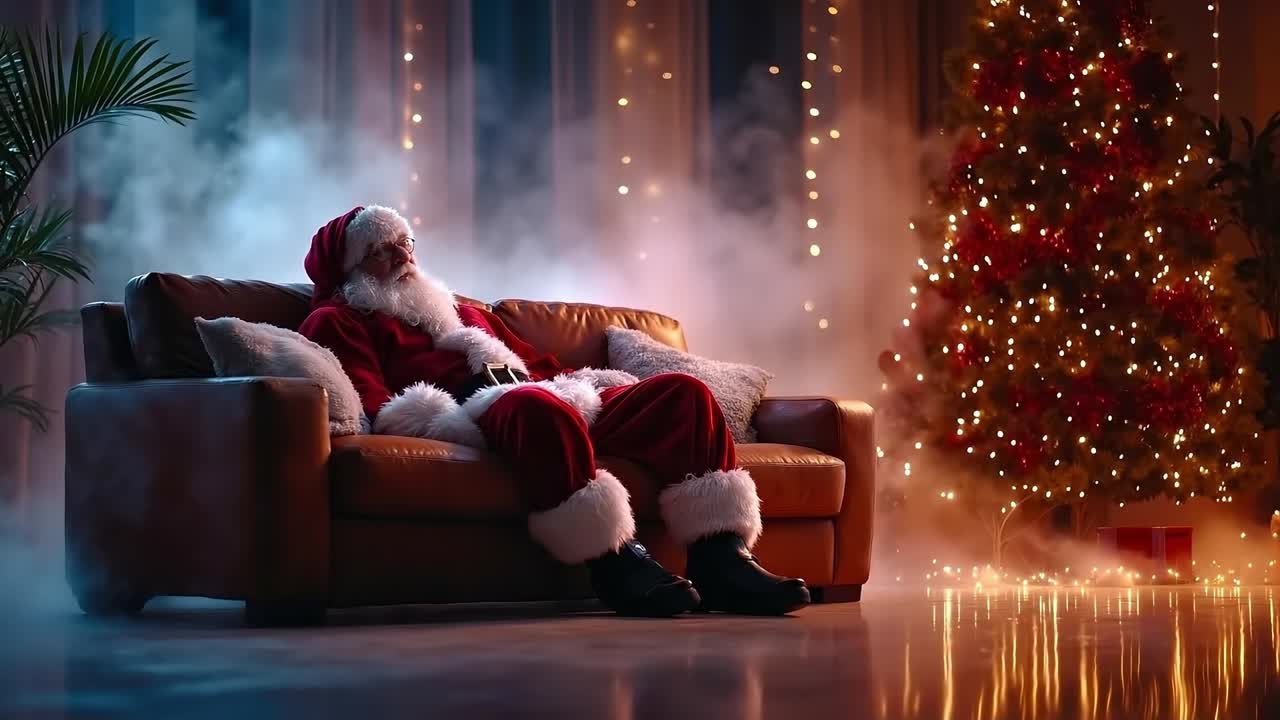 A santa claus sitting on a couch in front of a Christmas tree