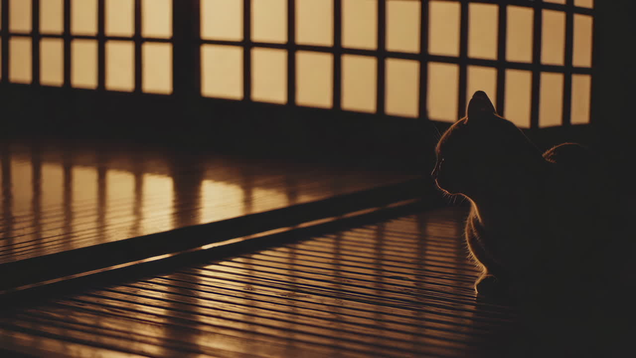 Silhouette of a Cat in a Japanese Room at Night