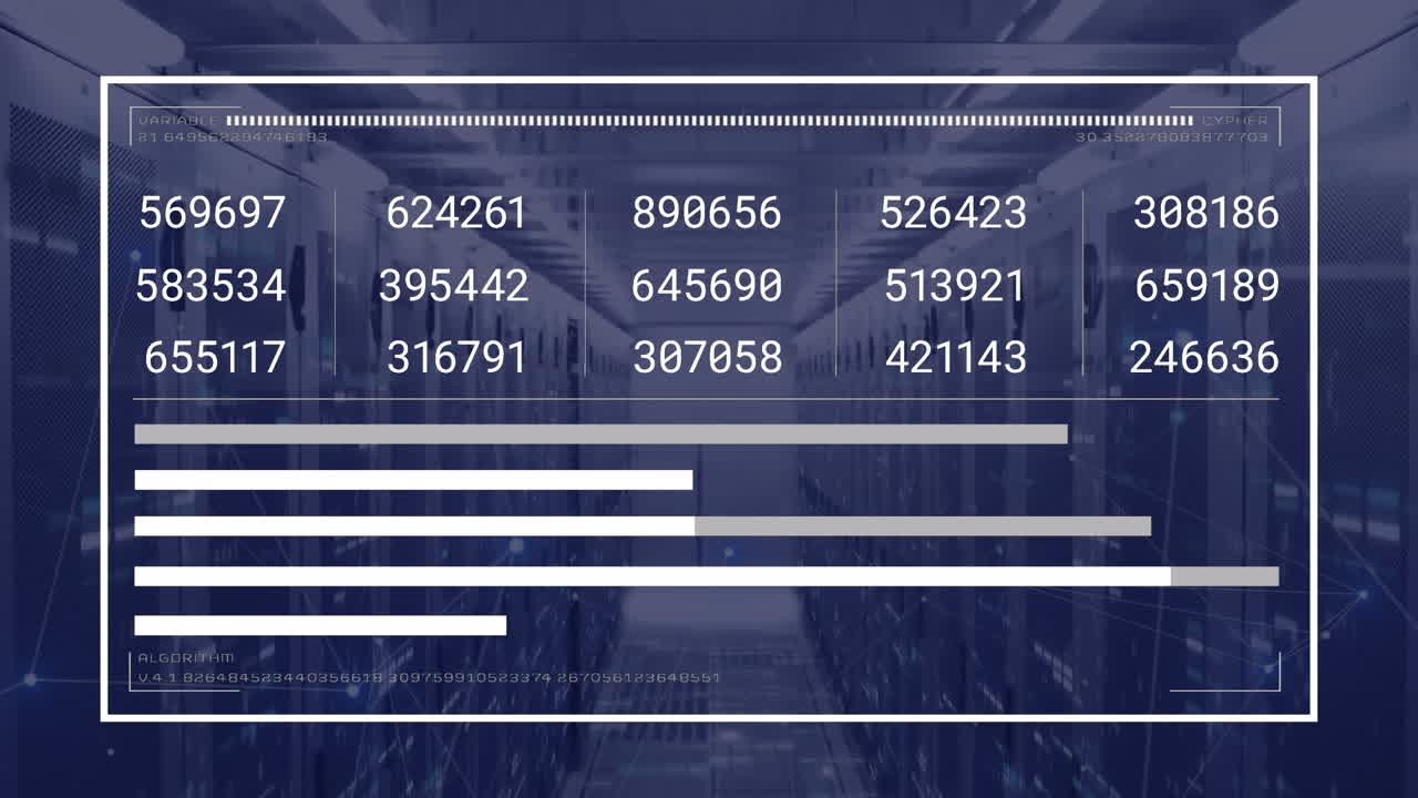 animación de la interfaz con procesamiento de datos y cuadrados de mosaico contra la sala de servidores de computadora