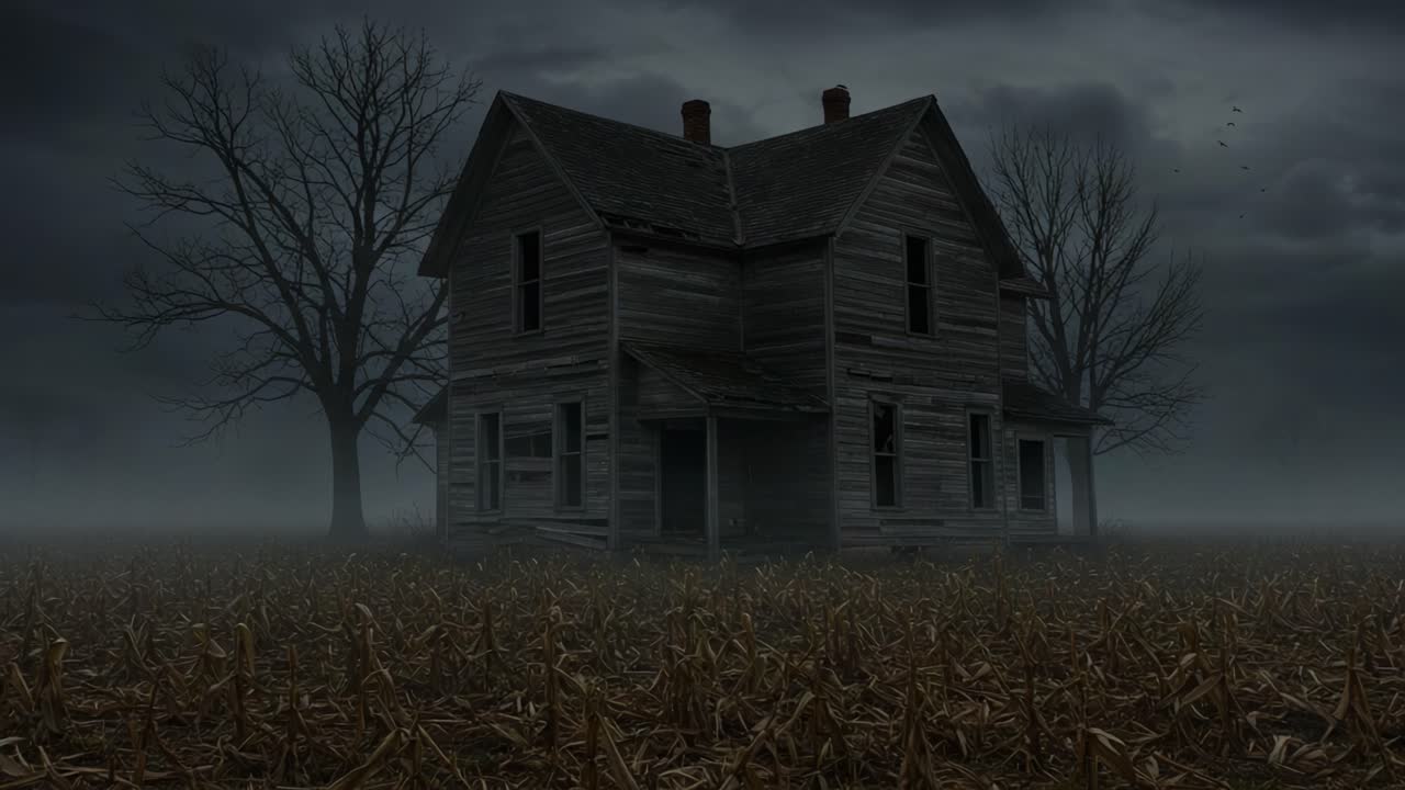 A Hauntingly Abandoned House Stands Amidst a Foggy Cornfield, Eliciting Eerie Feelings As Shadows Descend and Darkness Consumes the Surrounding Environment