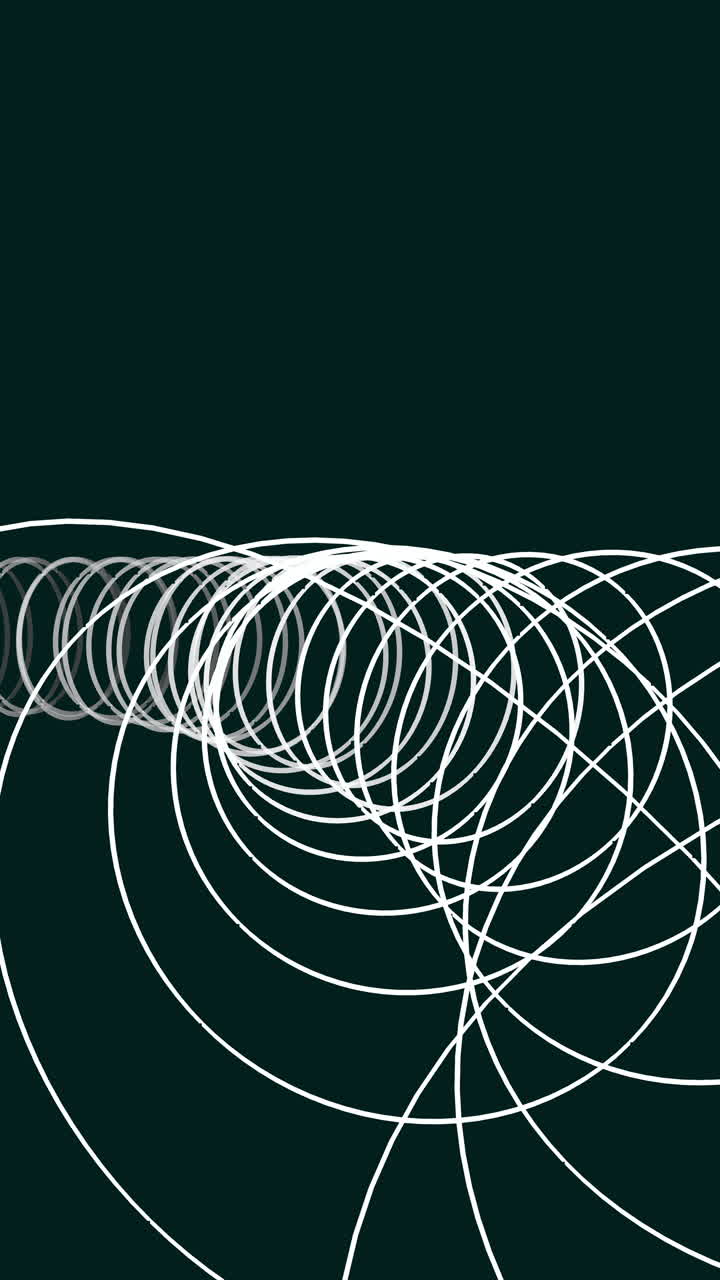 Animation of a white wireframe spring coil forming a rotating, curved tunnel against a dark teal background. Ideal for physics, geometry, or abstract motion, Vertical 4K
