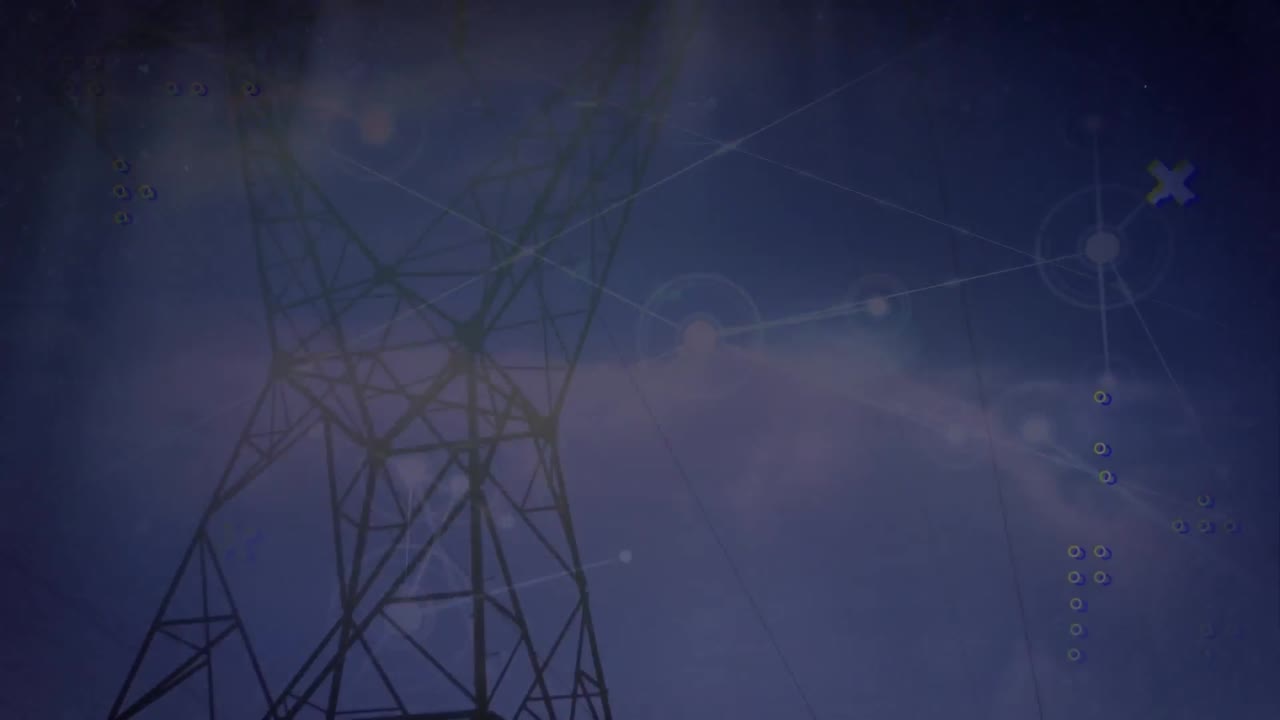 Animation of network of connections and abstract shapes over network tower against sunset sky