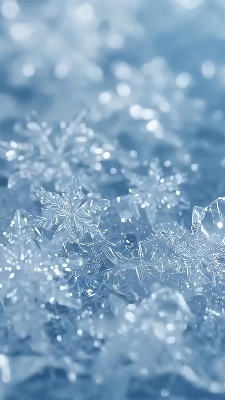 Vertical video: Racking focus, camera showing fine detail on ice, hexagonal dendritic flakes