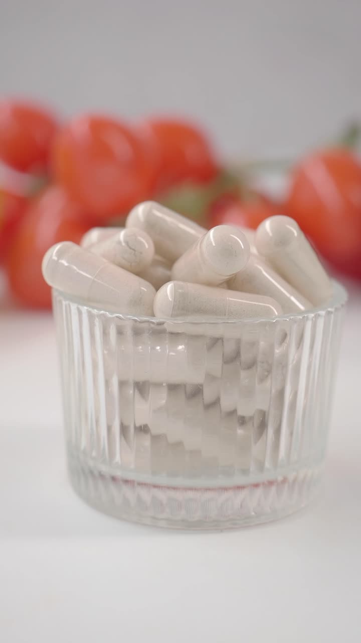 Capsule bianche in una ciotola di vetro con verdure fresche