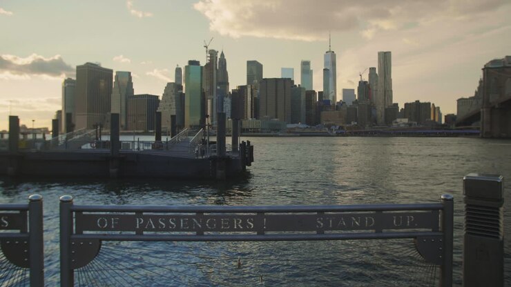 Gimbal shot of lower manhattan waterfront at sunset