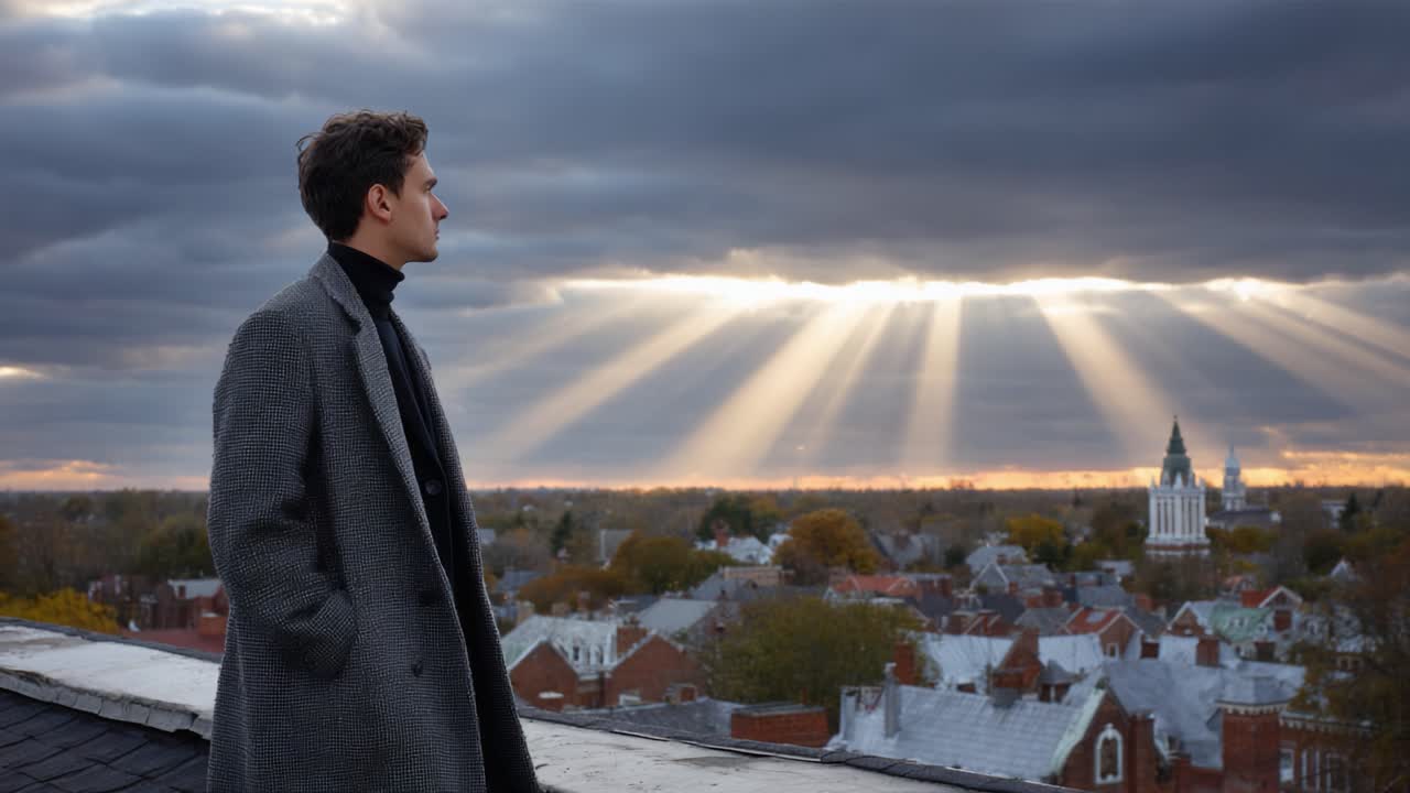 A contemplative moment at dusk, with a young man gazing over a sprawling town as golden rays of sunlight break through dramatic clouds, casting an enchanting glow over the landscape