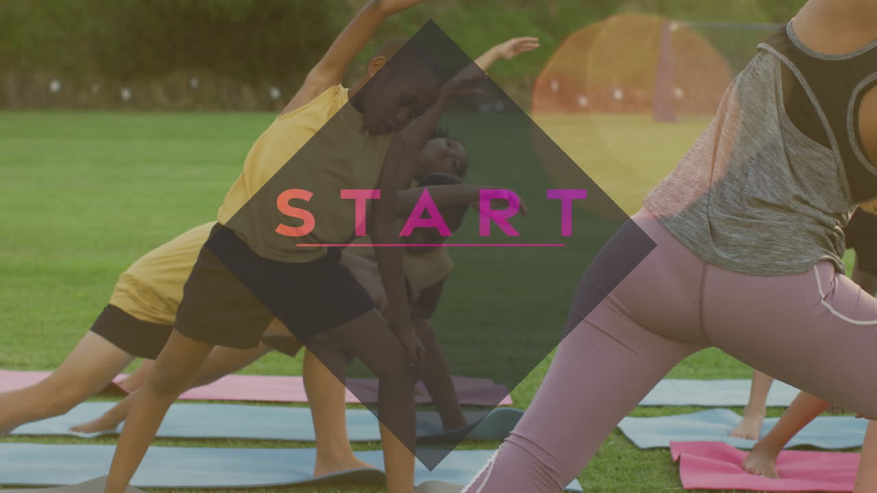 Animation of start text over african american children stretching outdoors