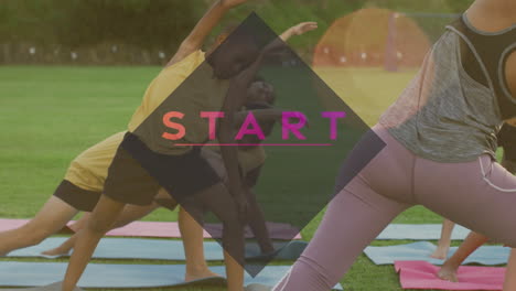 animation of start text over african american children stretching outdoors