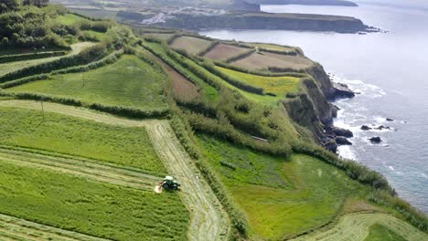 tractor cutting grass in green field on sea coast cliffs, tilt aerial