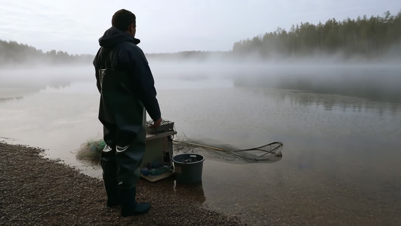 Mand i waders står ved en tåget sø med fiskegrej