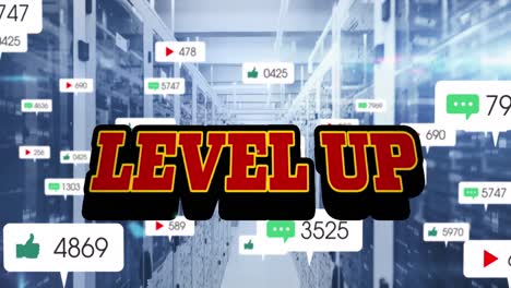 Animation-of-level-up-text-and-numbers-growing-over-server-room