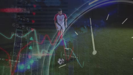 animation of clock and data processing over caucasian male football player with ball on pitch