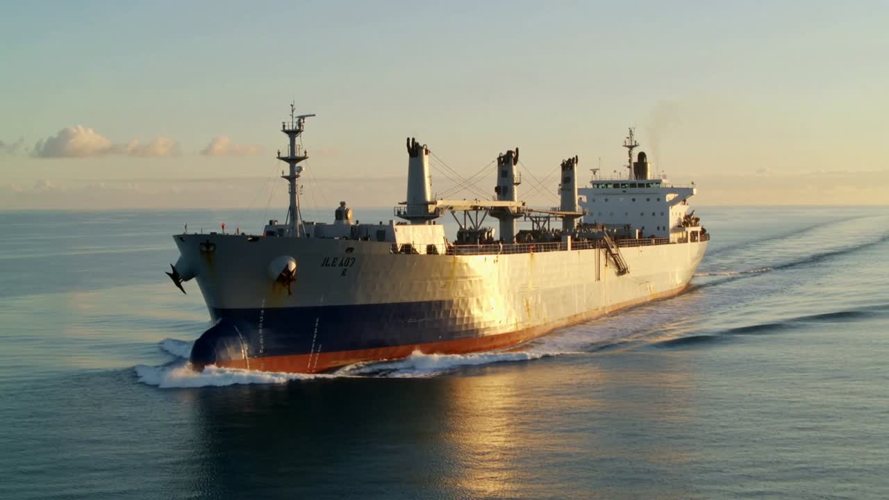 Exhaust puffing, large cargo ship advancing toward camera during golden-hour, bow wave spraying