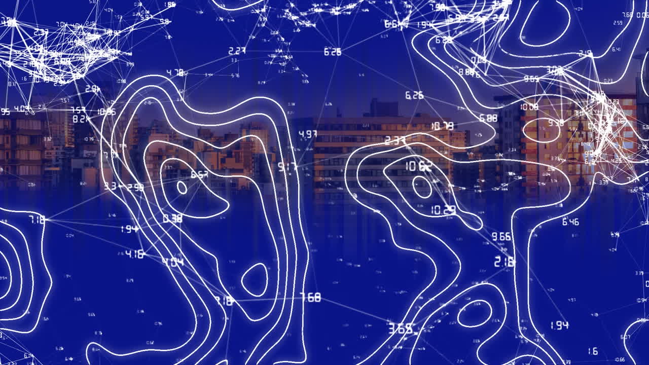 도시 풍경 위의 연결 네트워크와 지형 지도 선의 애니메이션