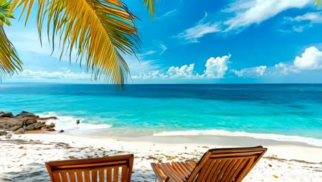 two wooden chairs sitting on a sandy beach next to the ocean