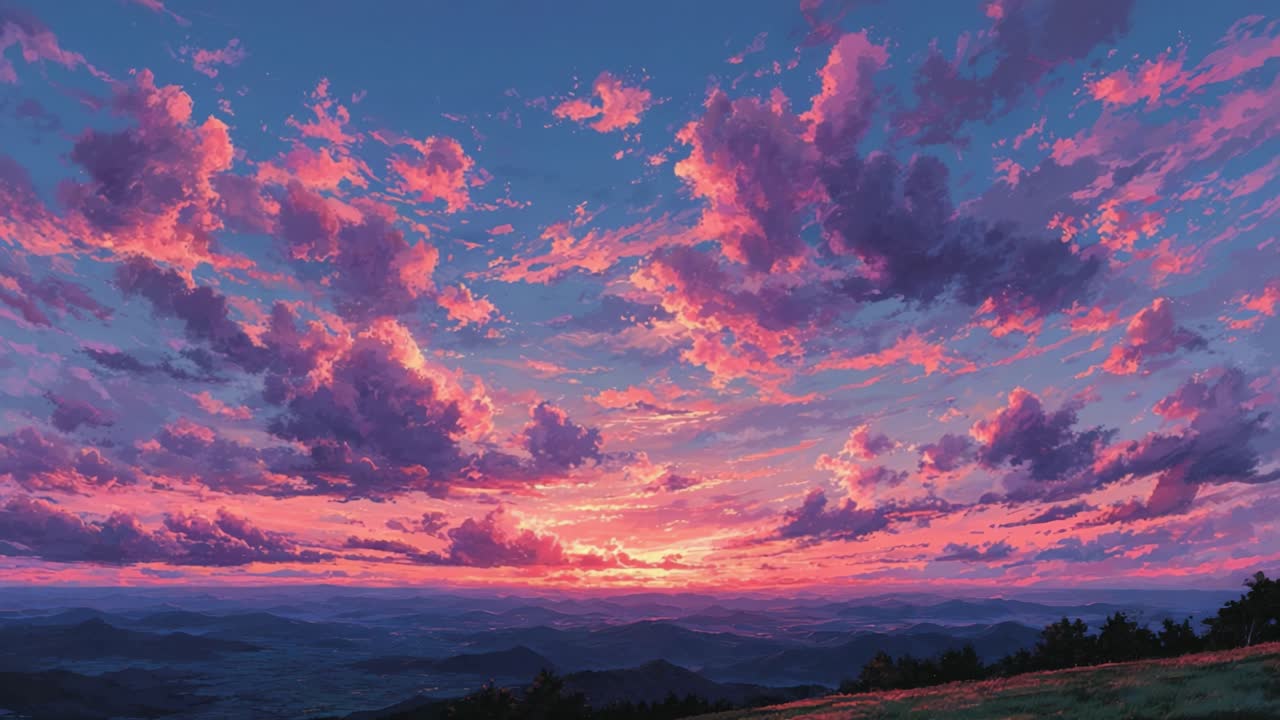 Uno splendido tramonto su montagne ondulate: cieli vibranti pieni di nuvole colorate mentre il giorno si trasforma in notte in un paesaggio pittoresco