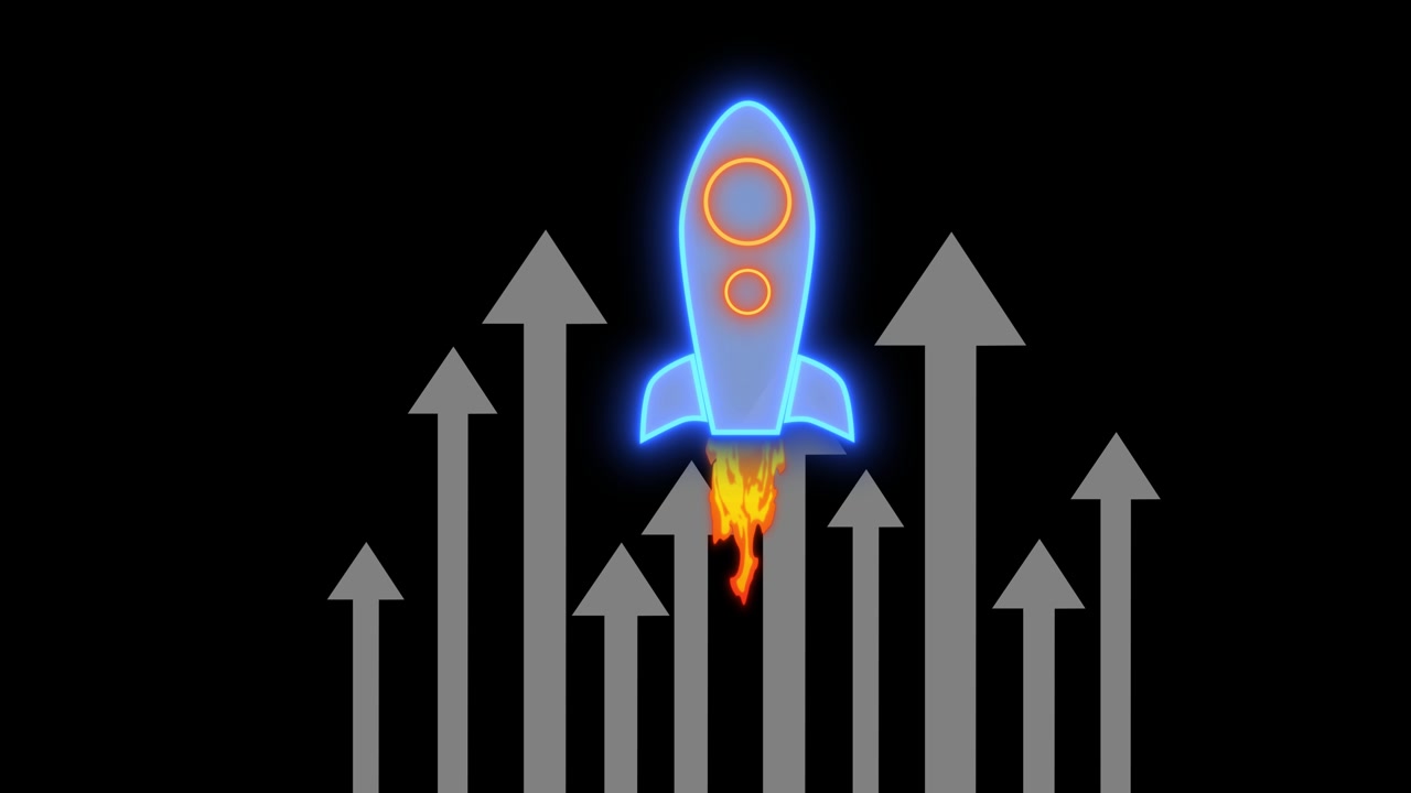 Rocket launch with upward arrows chart animation on black background. Alpha included