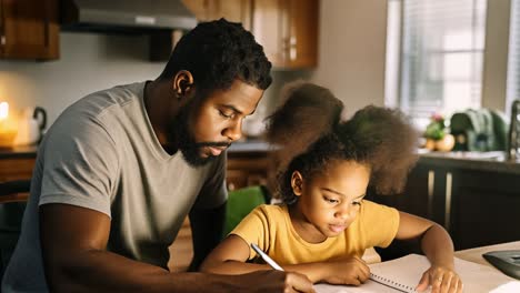 caring african american father supporting young daughter during homework session, guiding her learning process with patience and love in cozy home kitchen environment