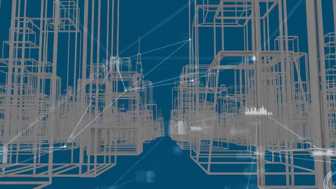Animation of network of connections over 3d cityscape on blue background