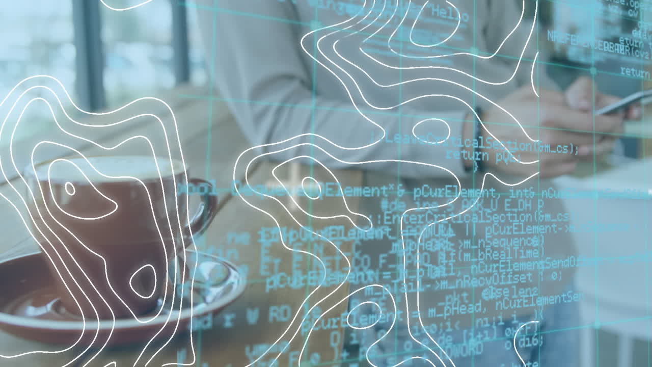 스마트폰을 사용하는 백인 사업가 위에 움직이는 모양의 애니메이션