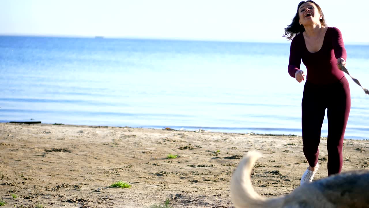 на берегу реки, на пляже. на рассвете, красивая женщина в тесном костюме гуляет с собакой породы чешуи, держит собаку на поводке, играет с собакою, веселится. лето