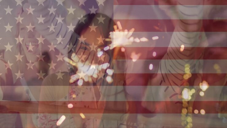 Animation of flag of usa and diverse people over biracial woman