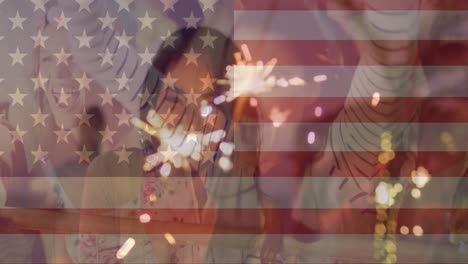 Animation-of-flag-of-usa-and-diverse-people-over-biracial-woman