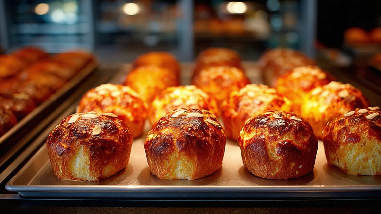 Frisch gebackene goldene Muffins in der Auslage, die eine unwiderstehliche Auswahl an knusprigen Toppings und köstlicher Textur in einer gemütlichen Bäckerei zeigen