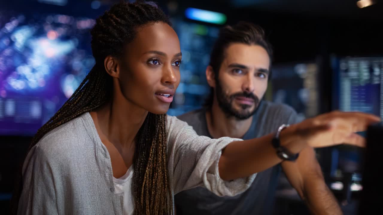 A focused discussion takes place as two individuals, deeply engaged in their work environment filled with technology and data, analyze crucial information on screens, showcasing teamwork and collaboration in a modern workspace