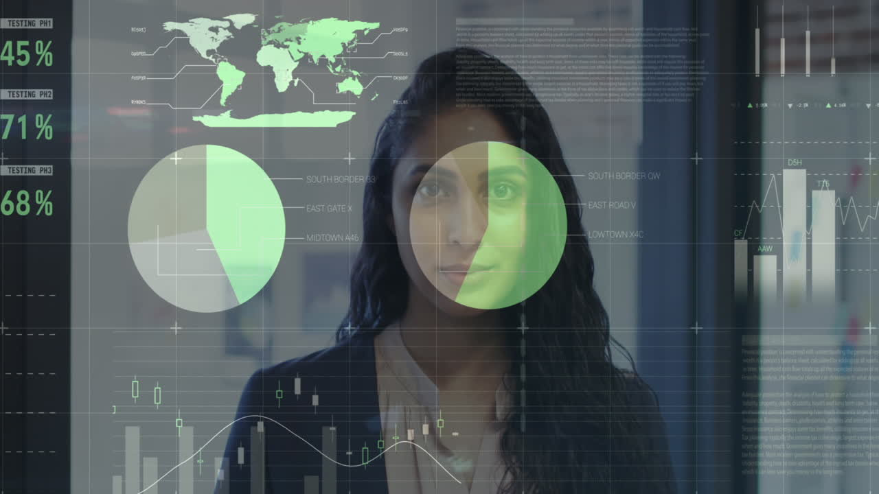 animación del procesamiento de datos financieros sobre una mujer de negocios en la oficina