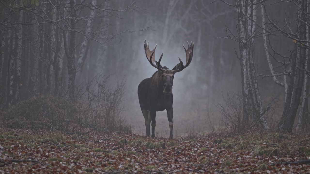 A moose stands in a misty forest, captured from a low-angle, creating a mysterious, cinematic video