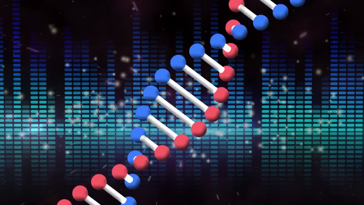 회전하는 dna 가닥의 애니메이션, 빛의 반점과 반 ⁇ 이는 파란색 직사각형