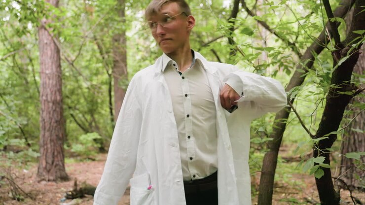 Primo piano di un biologo in camice bianco e occhiali che percorre un sentiero nel bosco tenendo una borsa nera, scavalca un ceppo caduto, appoggia la borsa e si prepara a osservare il ceppo con il microscopio